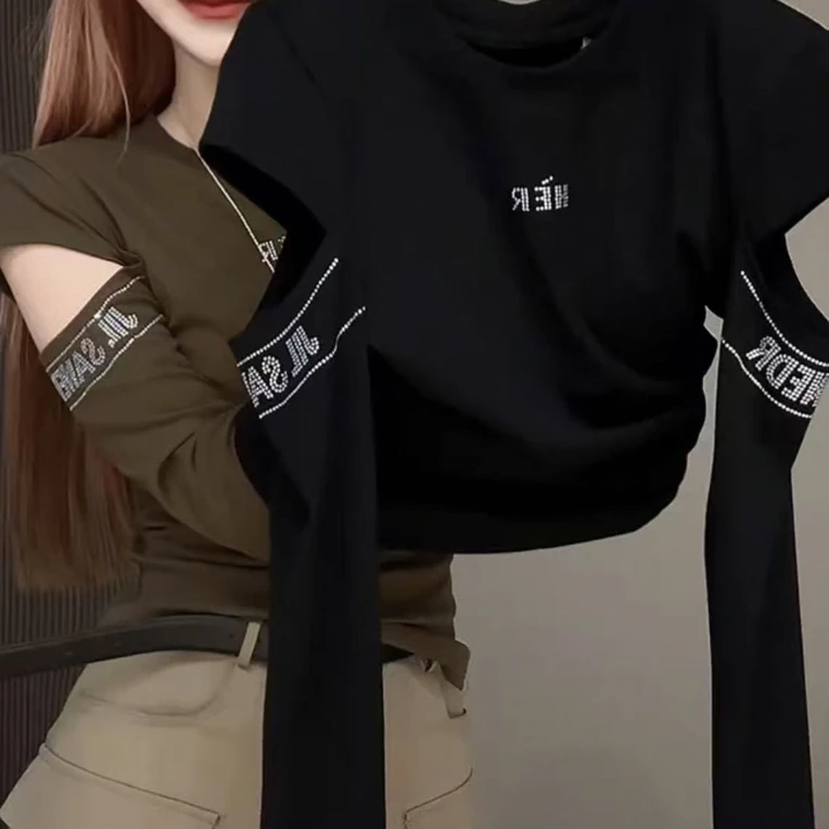 长袖镂空圆领染色字母抗起球T恤宽显瘦