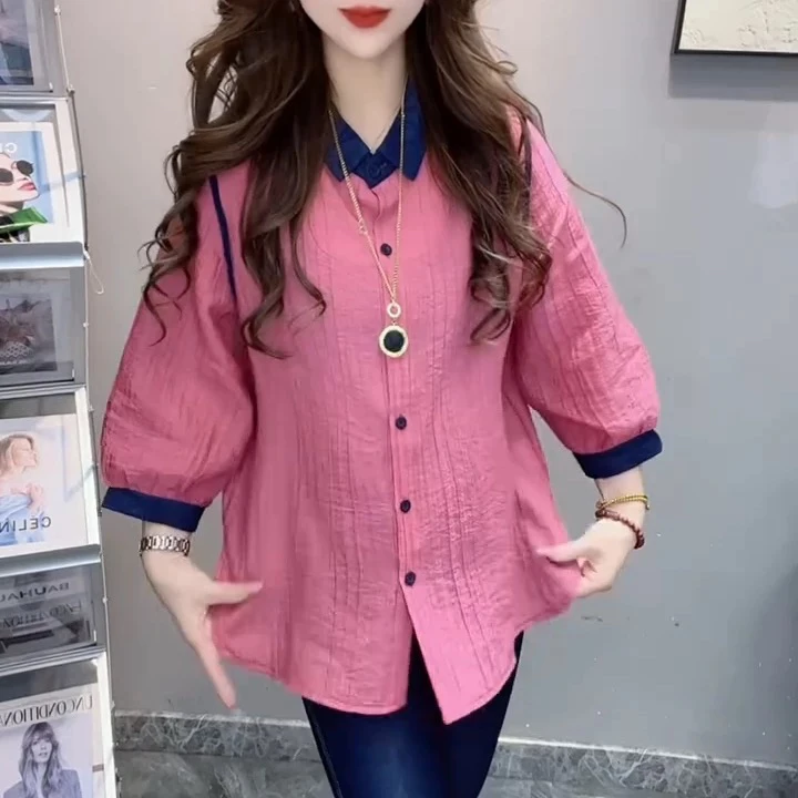 胖胖家*389新款翻领衬衫撞色设计感洋气百搭显瘦防晒衬衫