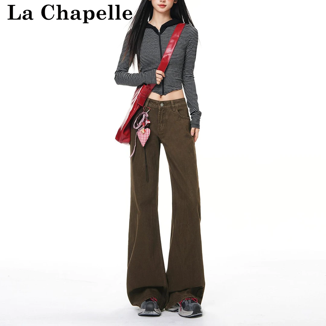 拉夏贝尔棕色微喇牛仔裤女2026春季新款美拉德风不贴腿马蹄拖地裤