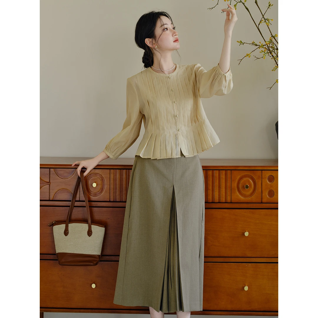 PS现货 法式风琴褶七分袖+压褶西装半身裙套装