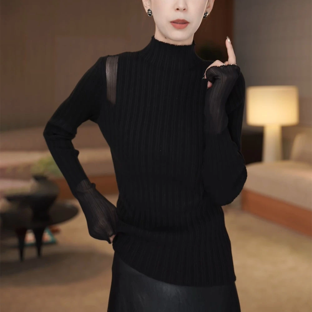 秋冬黑色露肩针织衫女高级感修身显瘦欧根纱内搭半高领打底衫上衣