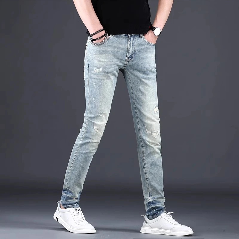 柏雷斯沃高档牛仔裤男款新款春秋修身小脚韩版休闲宽松小脚长裤子