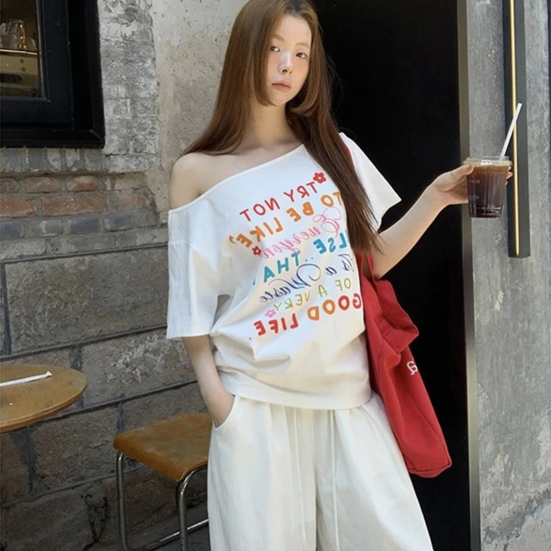 夏季美式潮牌字母彩色印花宽松T恤显瘦学生辣妹风露肩短袖上衣ins