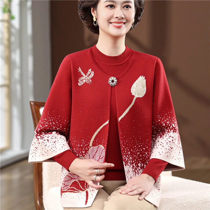 妈妈秋装两件套时尚毛衣外套2025新款中老年女喜婆婆针织开衫上衣