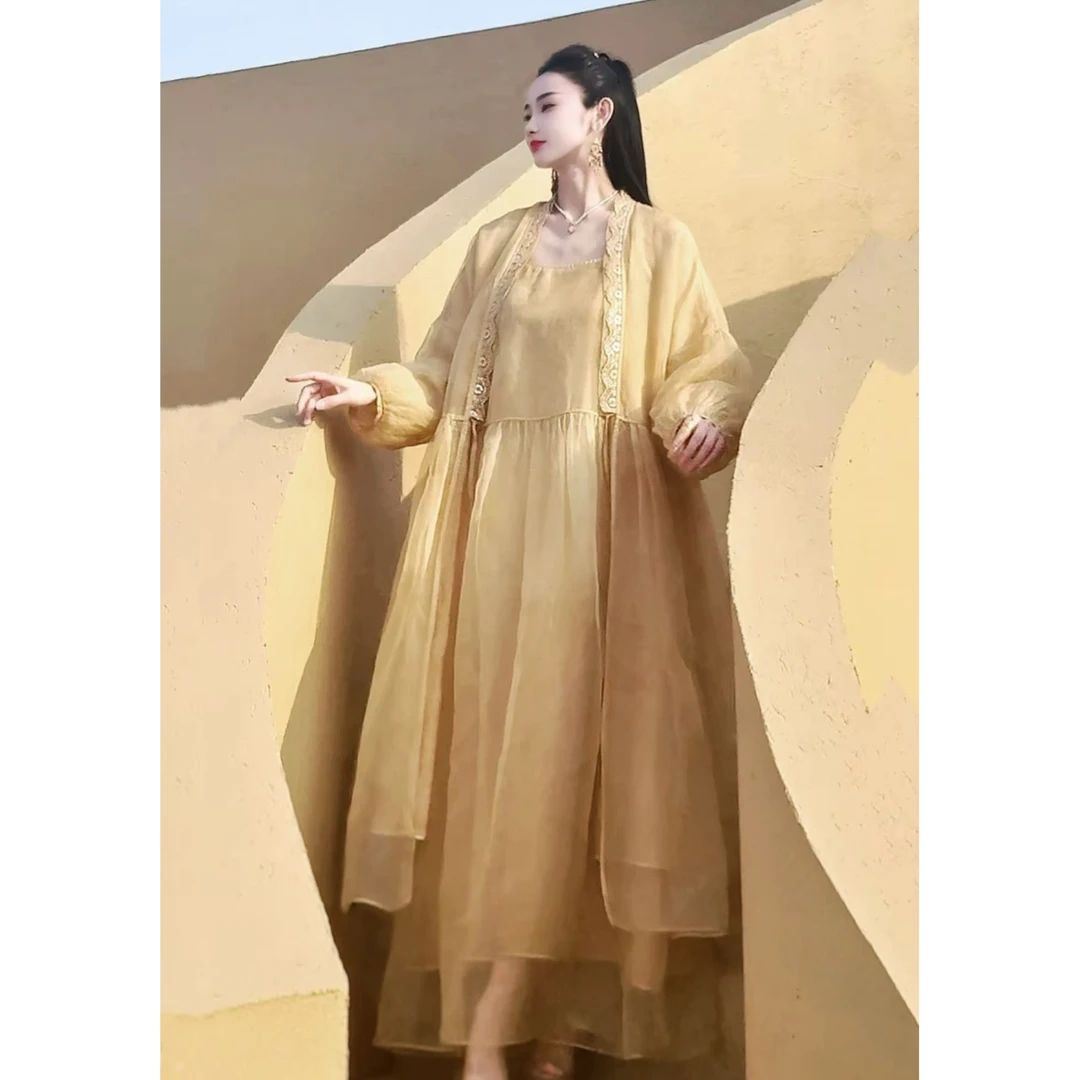 【荧河琉璃】YAMO2025春夏新款植物染桑蚕丝重磅气质外披开衫连衣裙