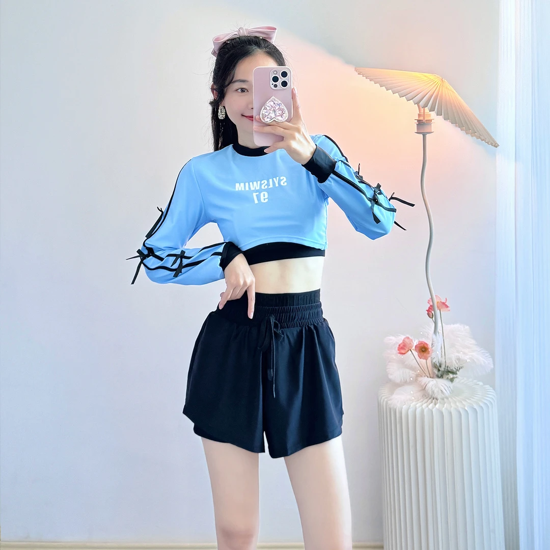减龄少女分体泳衣蝴蝶结学院风长袖防晒速干泳装泡温泉速干衣保守