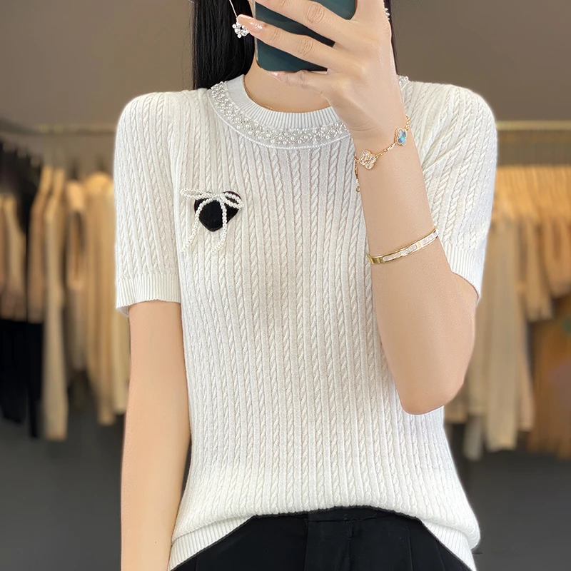 夏季新款桑蚕丝圆领钉珠蝴蝶羊毛针织短袖麻花上衣薄款修身T恤女