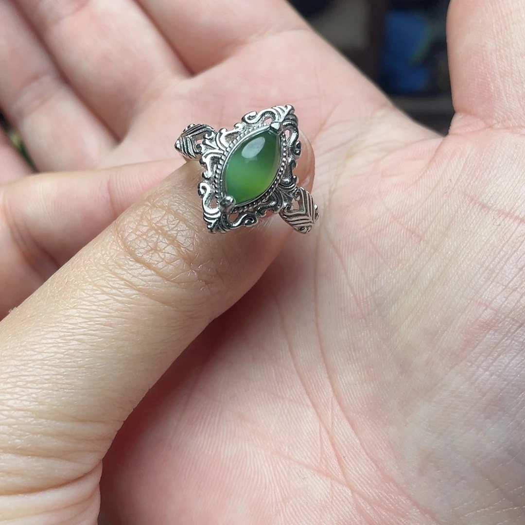 和田玉（碧玉）银S925镶嵌颈饰戒指