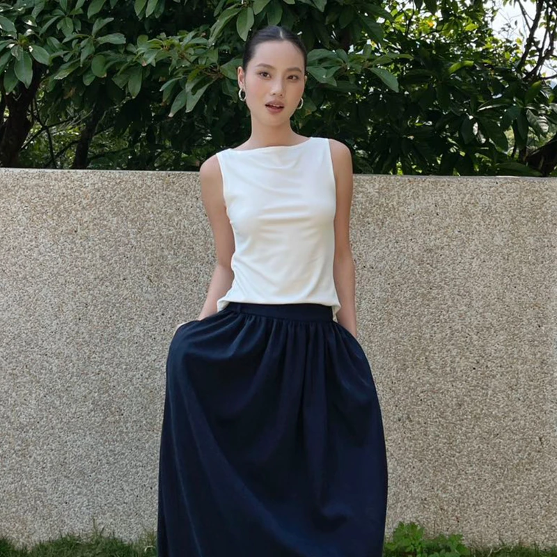 PURITY YH小众简约女纯色一字领修身T恤简约时尚通勤百搭无袖背心