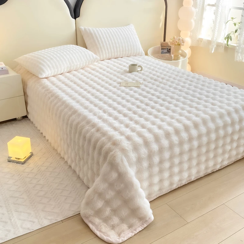 新款加厚纯色泡泡牛奶绒兔兔绒圆角床单