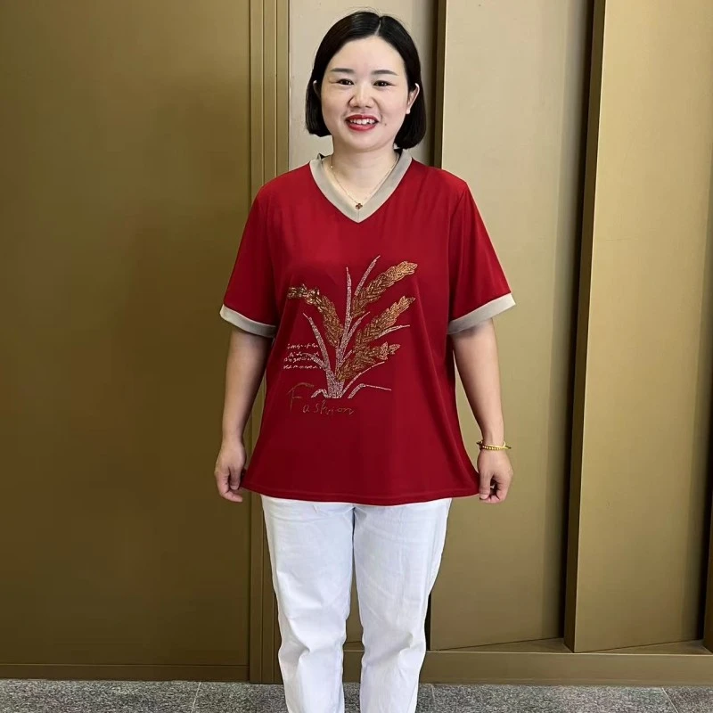 夏季新款V领烫钻洋气减龄宽松显瘦遮肉大码上衣