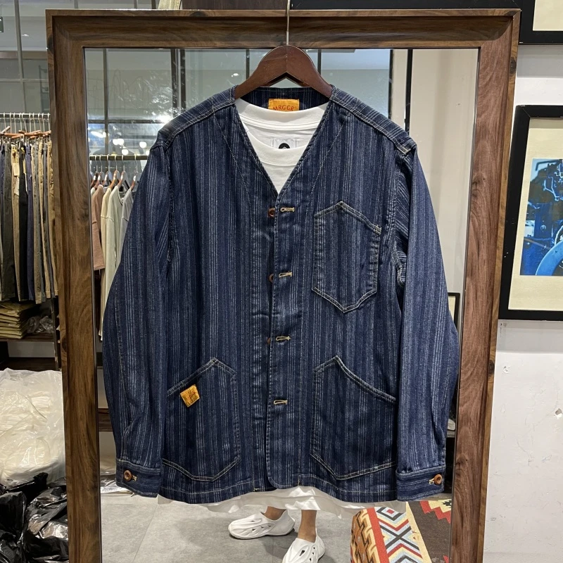 日系复古水洗无领条纹牛仔夹克外套阿美咔叽宽松多口袋工装夹克男