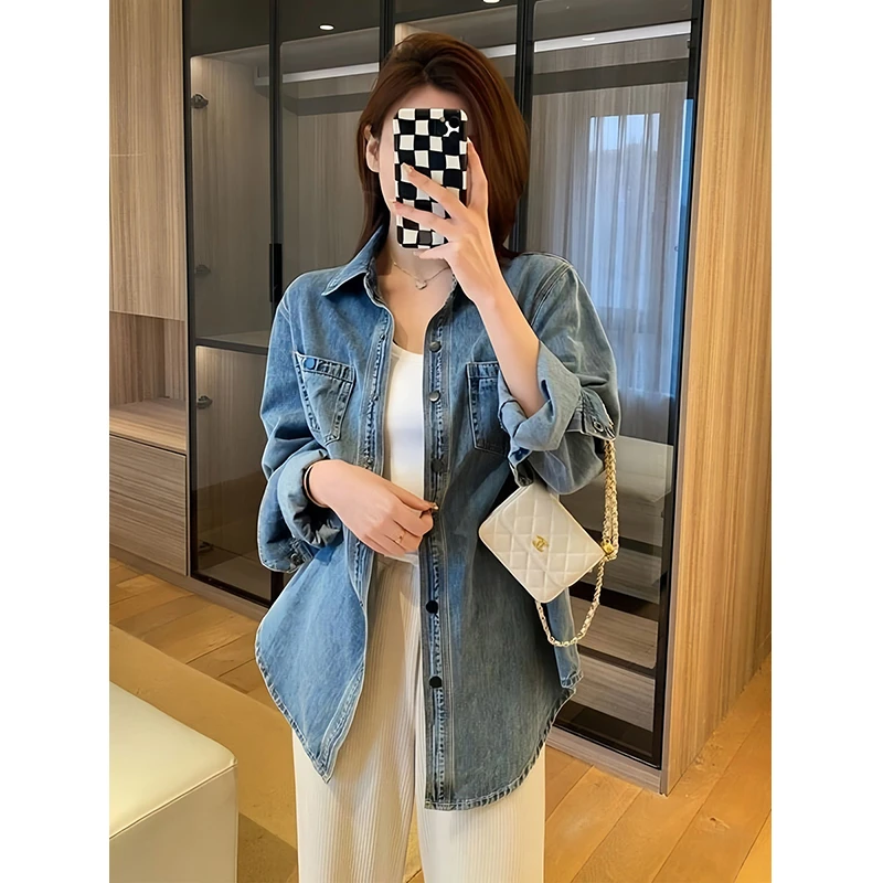 高级感加厚加绒牛仔衬衫女秋冬2025新款宽松叠穿外穿漂亮衬衣外套