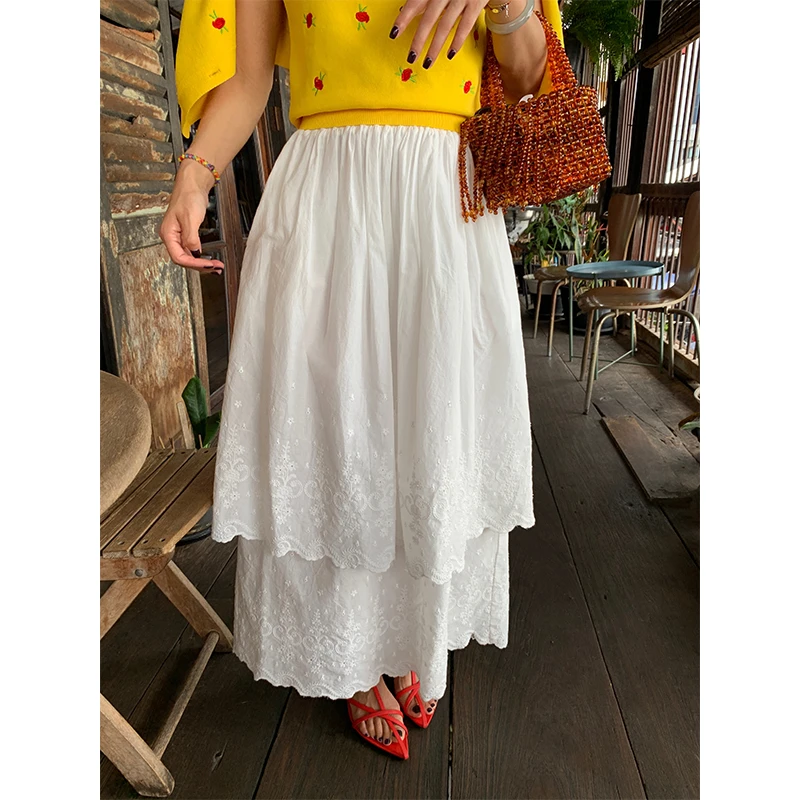 落落狷介 白色半身裙2025年新款小个子刺绣蛋糕裙设计感小众长裙