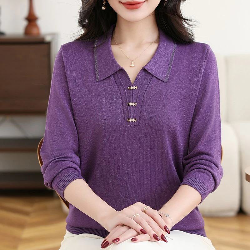 2025春秋新款九分袖妈妈针织衫洋气上衣中老年女洋气翻领纯色T恤