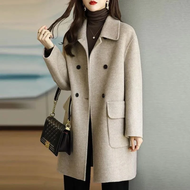欧蕾美汇毛呢大衣女2025秋冬新款减龄加厚秋冬韩版格子中长款大衣