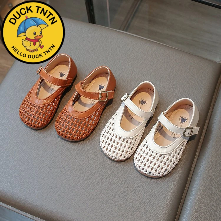 品牌小黄鸭女童编织小皮鞋2025夏季新品韩版软底奶奶鞋小中童镂空