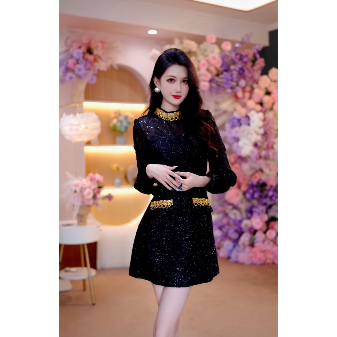 秋季新款时尚修身显瘦法式性感气质名媛设计师长袖A字连衣裙1839