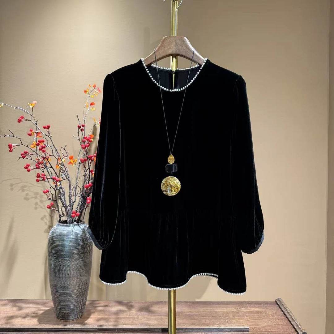 【中先森星星】100%桑蚕丝真丝绒下摆钉珠背后蝴蝶结气质上衣  609