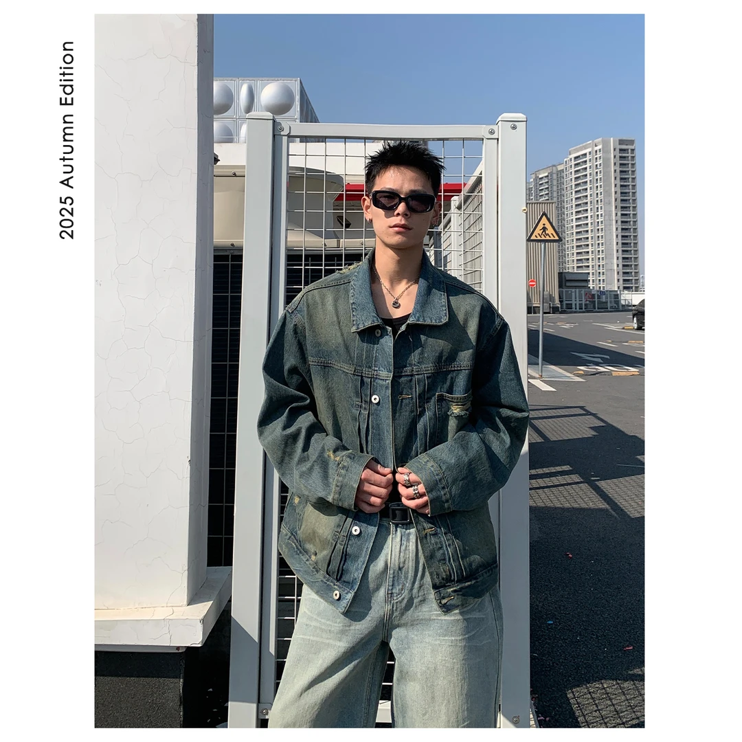 ZICHENG 春季 重水洗做旧拼立体口袋 男士廓形百搭牛仔夹克