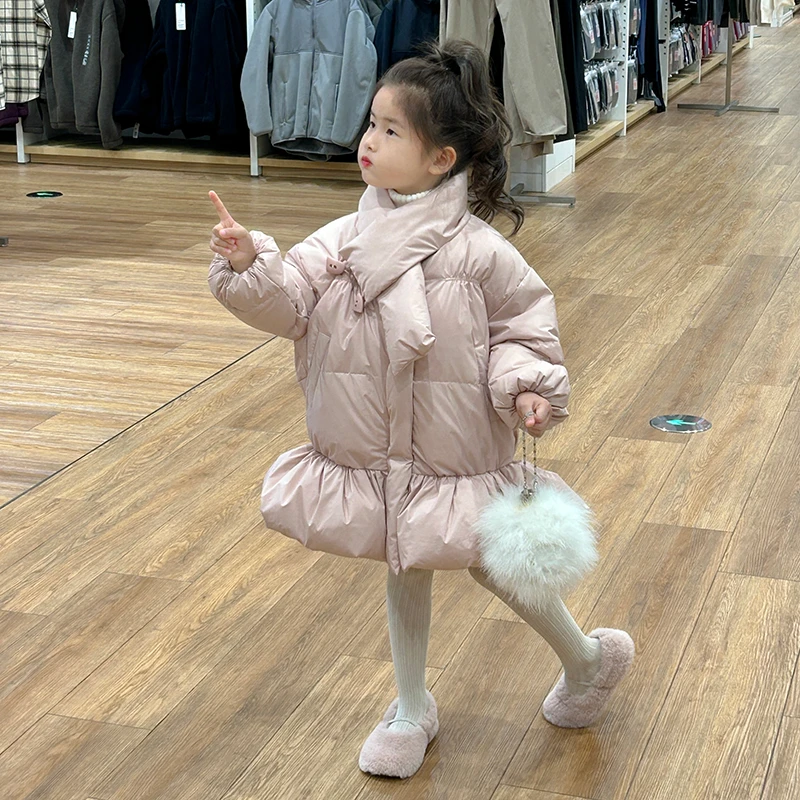 女童冬季羽绒服新款儿童洋气时髦高级感围脖中长款白鸭绒冬装外套