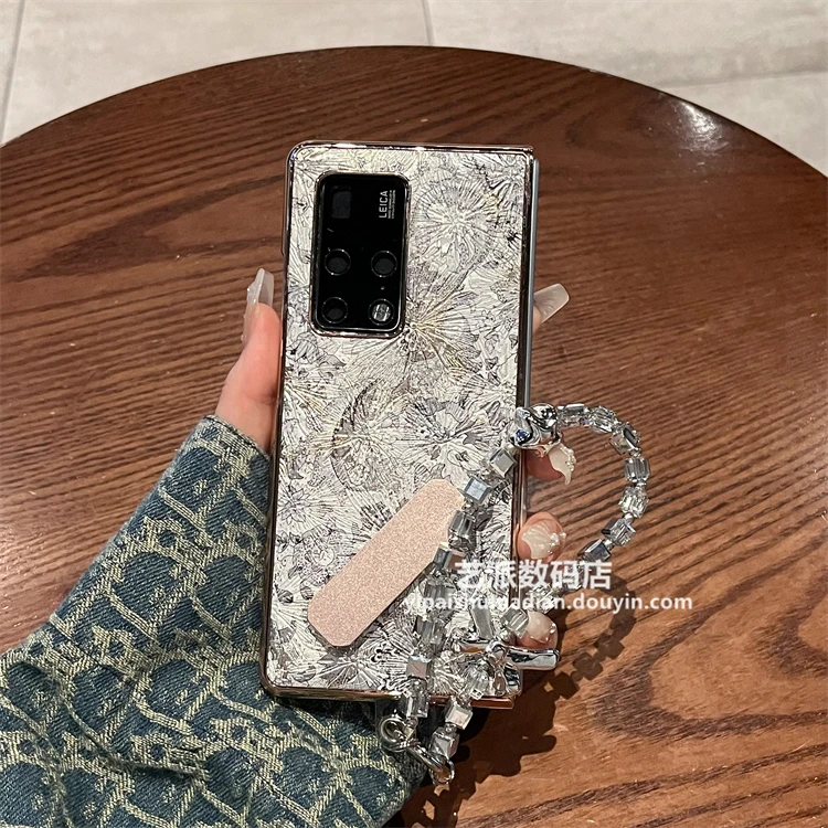 适用华为matex2手机壳mate x2折叠屏奢华真皮银花卉支架单后壳女