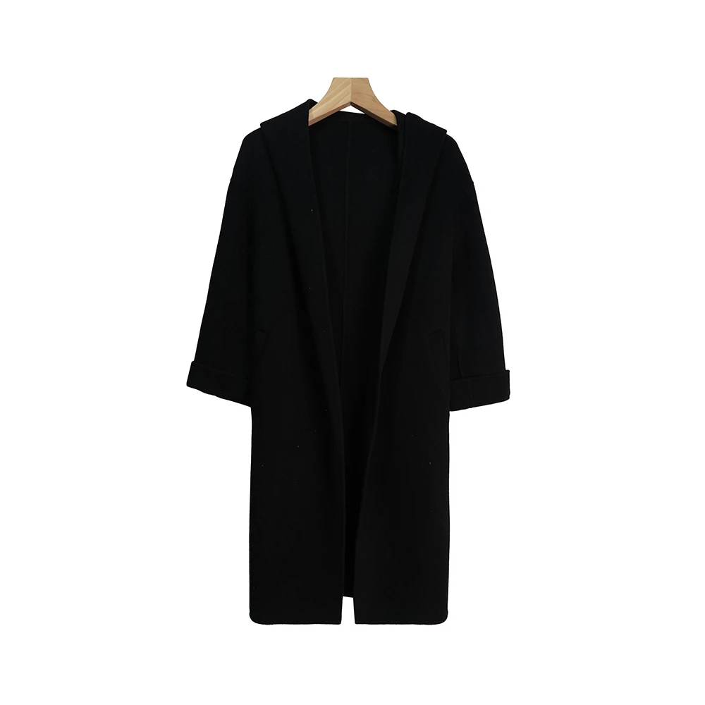 E22129-1 时尚黑色连帽系带长款过膝大衣