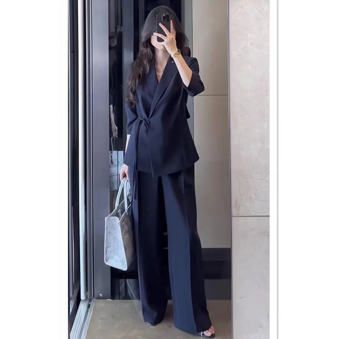 休闲大码藏青色系带西装阔腿裤套装女春夏新款胖mm韩版感时尚西服