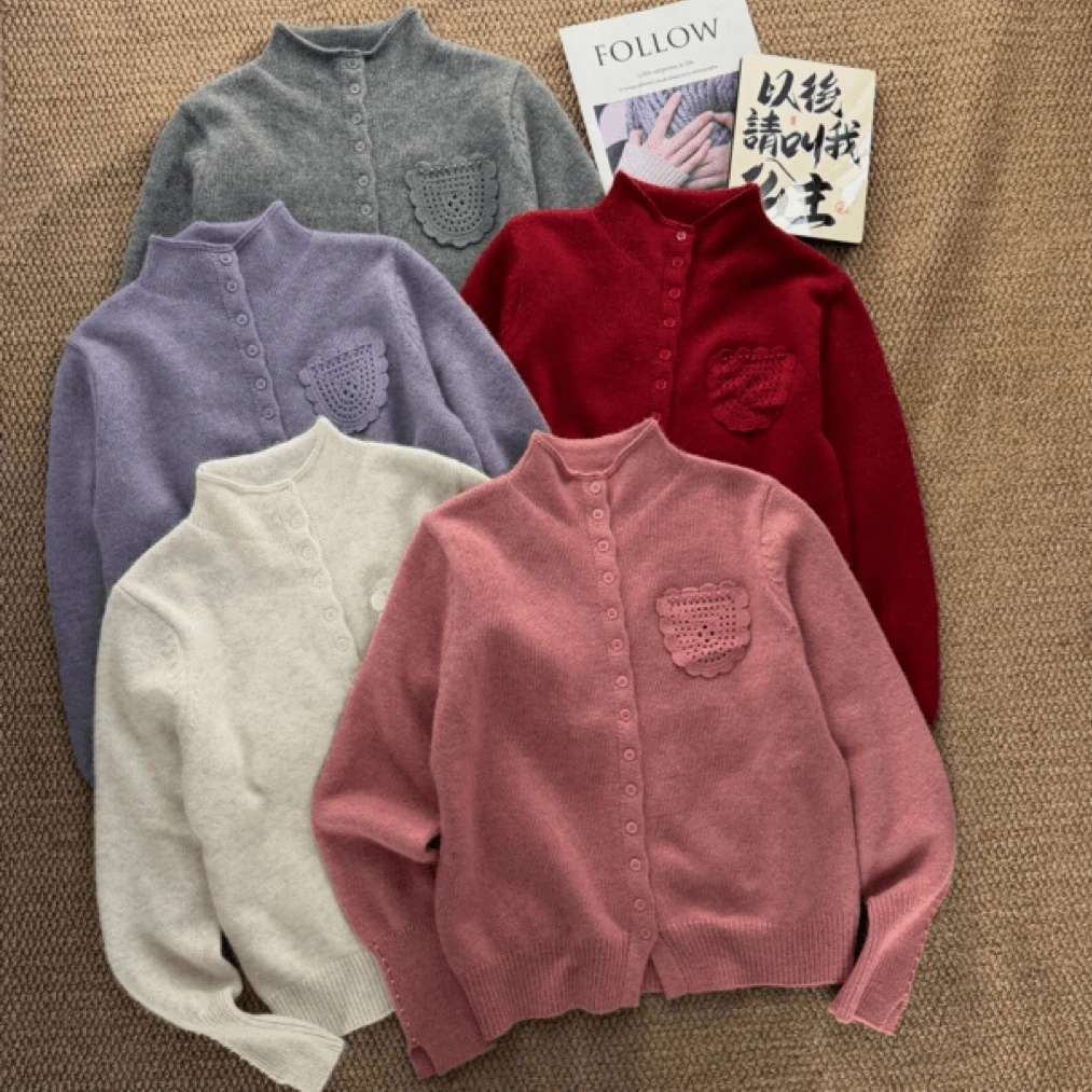 韩版时尚单排扣立领钩花针织开衫秋冬新款百搭修身显瘦宽松毛衣