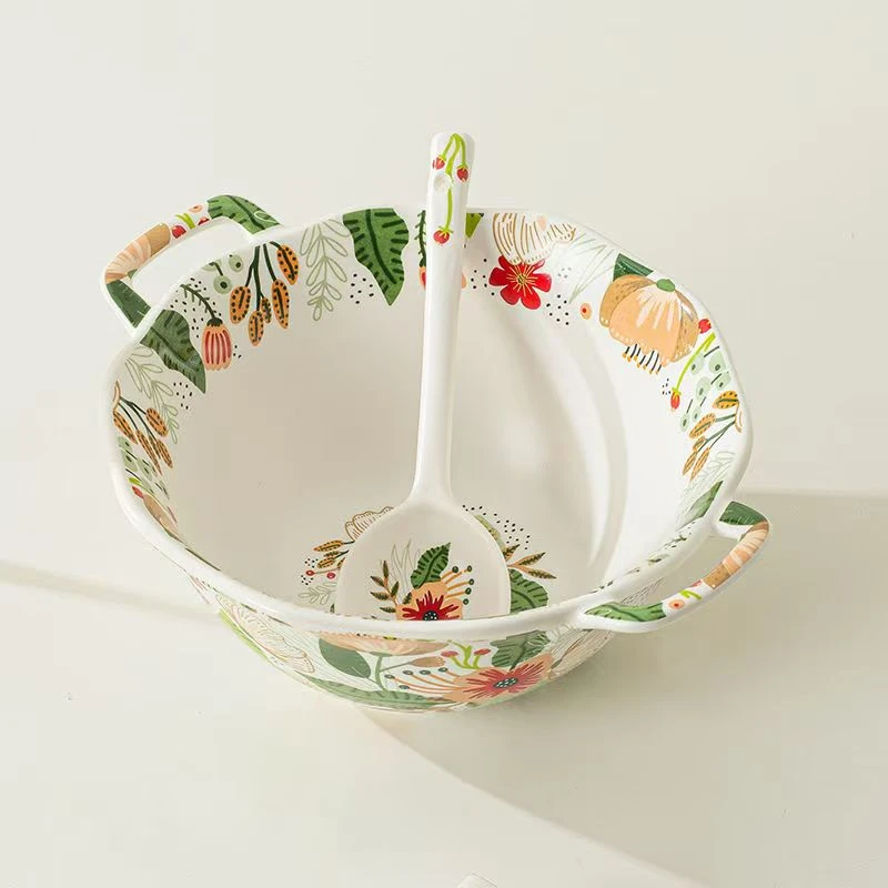 七彩云花双耳面碗花边陶瓷手绘面碗沙拉碗水果碗家用汤碗餐具个人