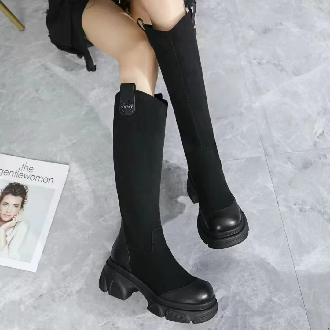 C5207 黑色 时尚舒适粗跟圆头长靴女弹力靴