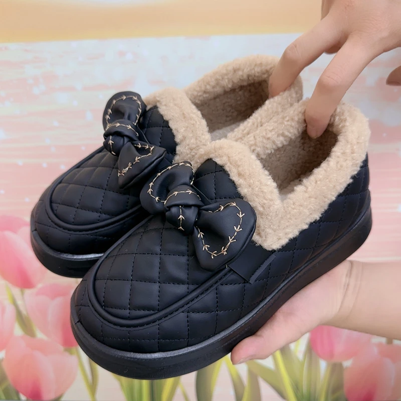 女士棉鞋毛毛鞋2025冬季老北京布鞋女蝴蝶结加绒加厚保暖乐福棉鞋