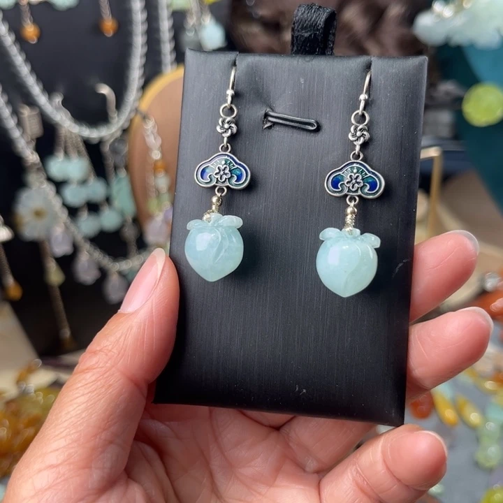 蛇纹石玉银S925镶嵌耳饰