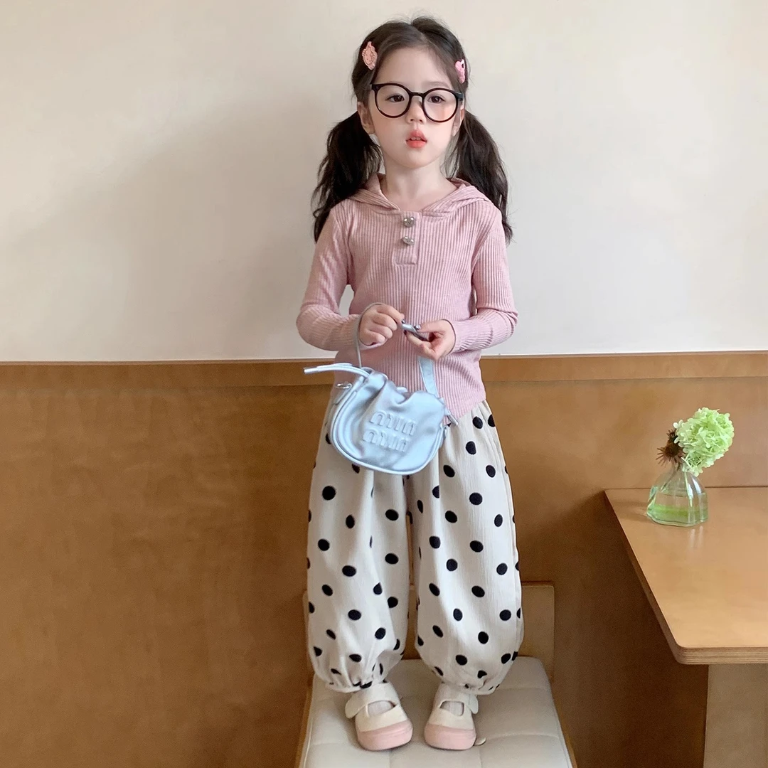 女童套装2025新款儿童春秋款连帽卫衣T恤波点裤两件套女宝宝衣服