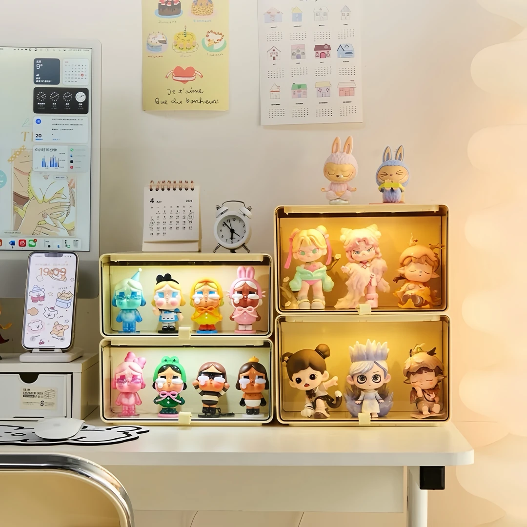 带灯透明防尘桌面收纳盒盲盒展示盒手办抽屉式多功能杂物储物盒子