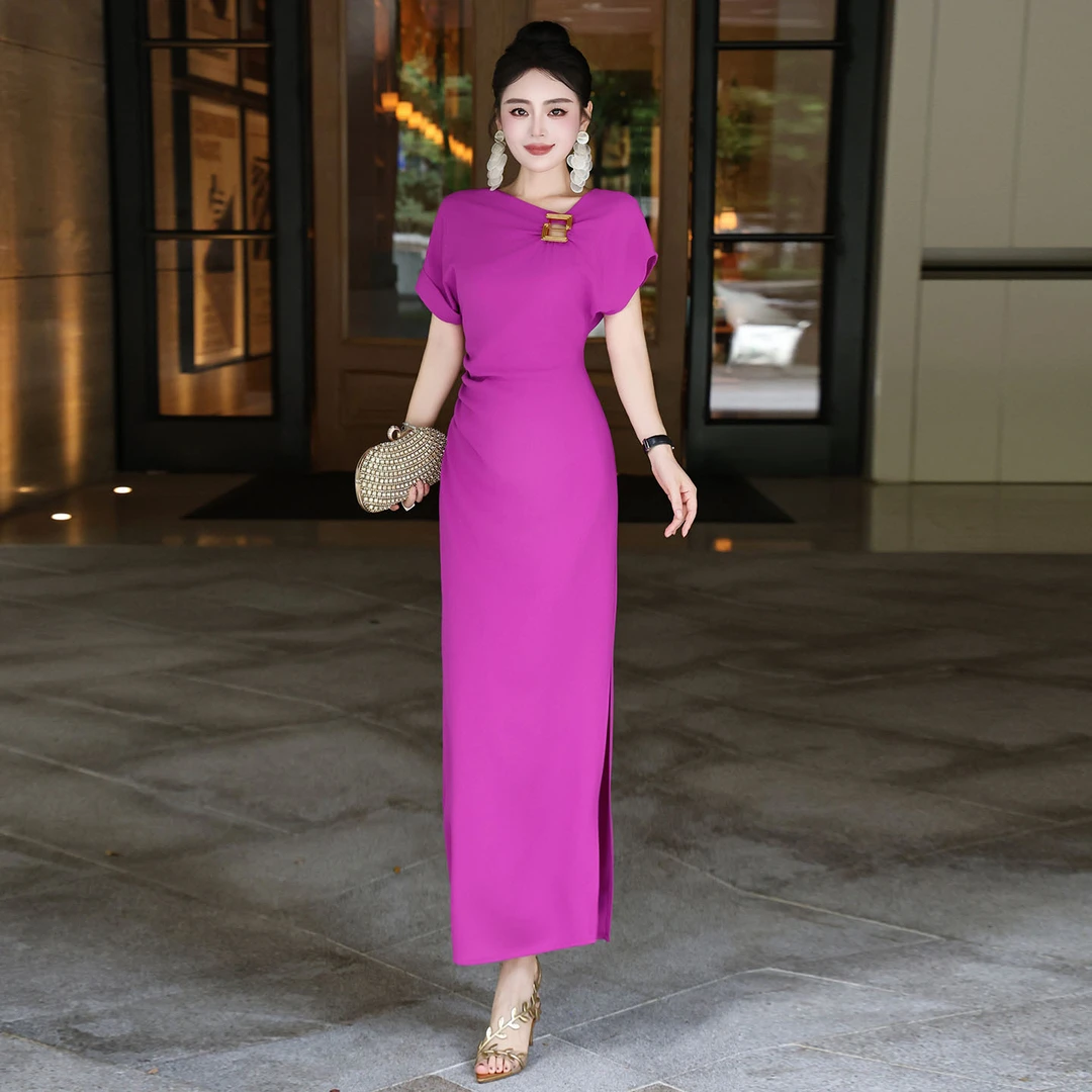 欧洲站法式女装2025夏季优雅修身包臀侧开叉气质设计领连衣裙长裙