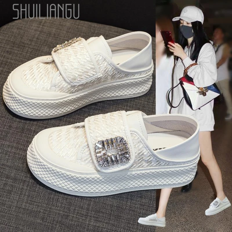 万达撤柜网面透气两穿小白鞋女秋季魔术贴水钻网纱单鞋女百搭休闲