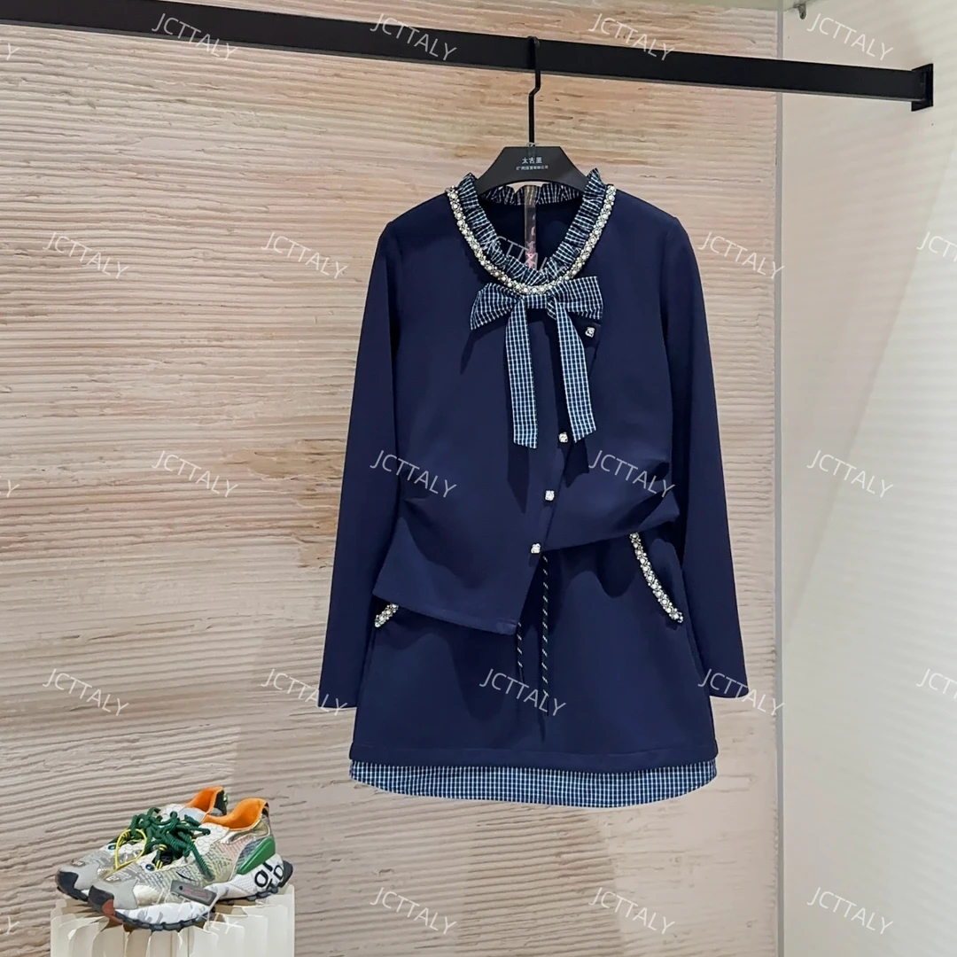 【宠粉价】秋冬新款时尚藏蓝色领结气质洋气半身裙裤套装TZ-620