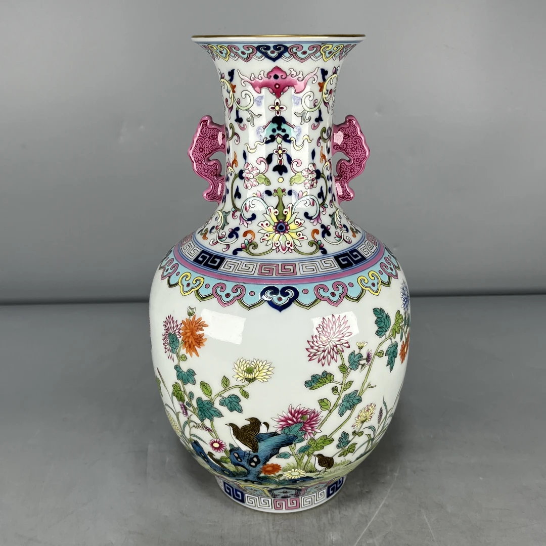 仿古瓷 仿古大清道光年制粉彩描金安居乐业图双耳瓶