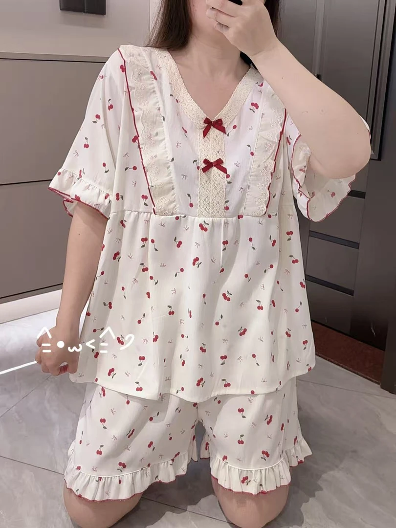 夏薄款短袖短裤睡衣舒适套装蕾丝V领套头穿甜美加肥加大码家居服