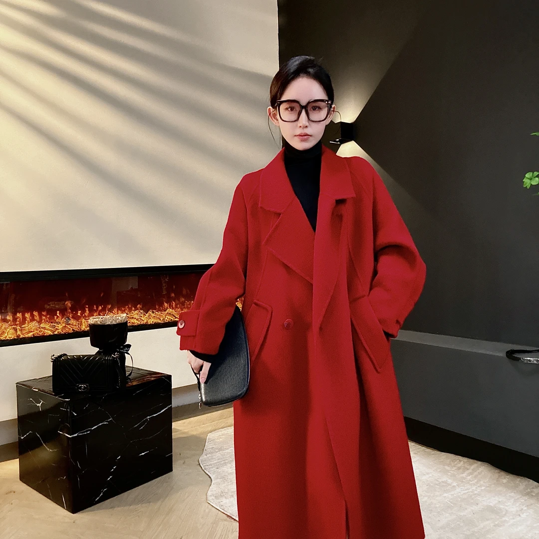 77776【鹿】新年新款气质百搭网红时尚过年款新年羊毛大衣轻奢红色
