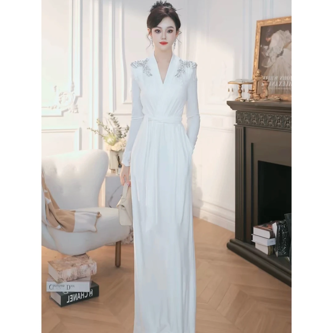 ZHAOMU 气质绑带v领修身长款绑带连衣裙