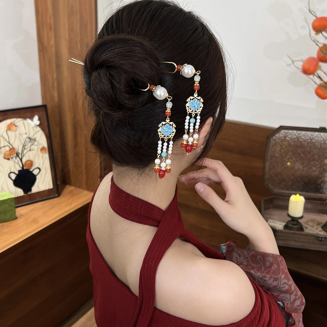 古风流苏发簪步摇高级盘发双面簪子中式配饰发饰头饰汉服发钗复古