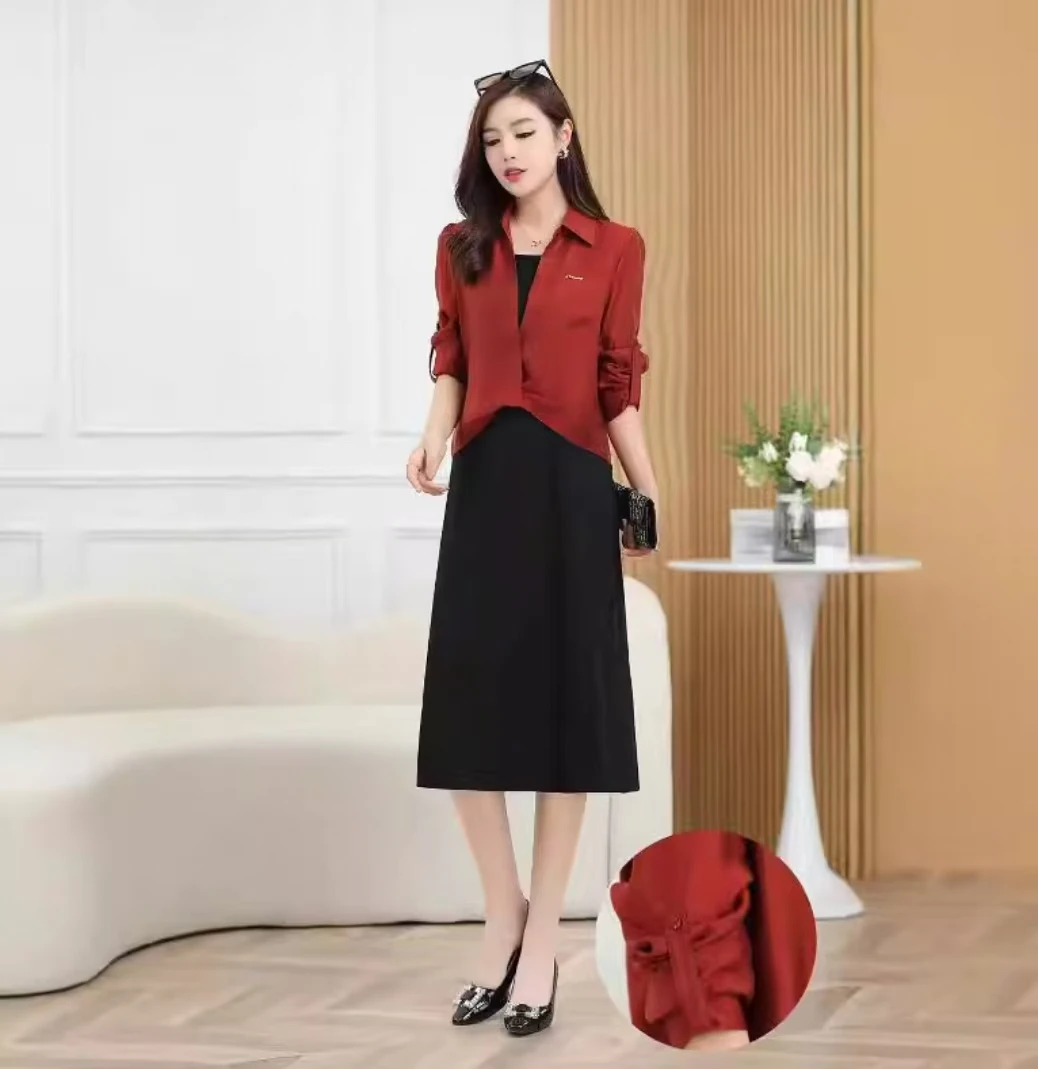 T513  洋气时尚春季显瘦连衣裙修身女长袖气质显两件套裙子