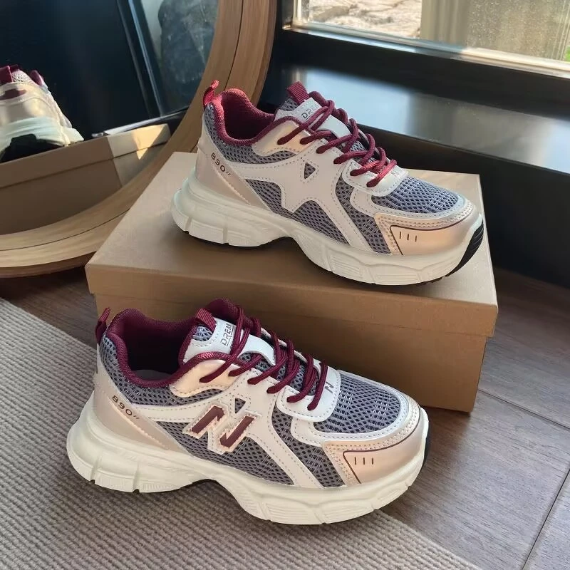 运动鞋女厚底复古2025春秋爆款内增高老爹鞋显脚小网面百搭休闲鞋