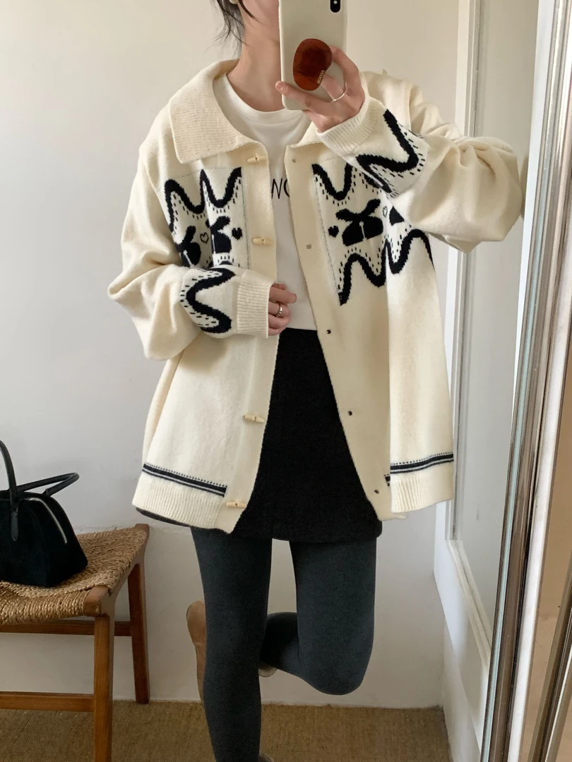 大码胖妹妹宽松娃娃领正肩毛衣开衫外套女上衣