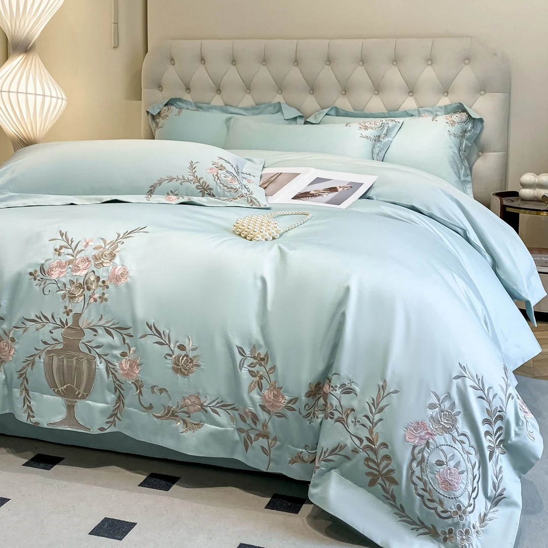 高档A类母婴级200支纯棉四件套全棉柔软裸睡刺绣花被套床笠