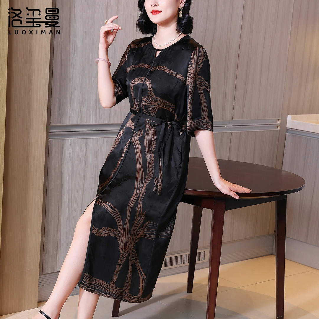 洛玺曼气质复古显瘦连衣裙2025夏新中式时尚百搭洋气大码妈妈裙子