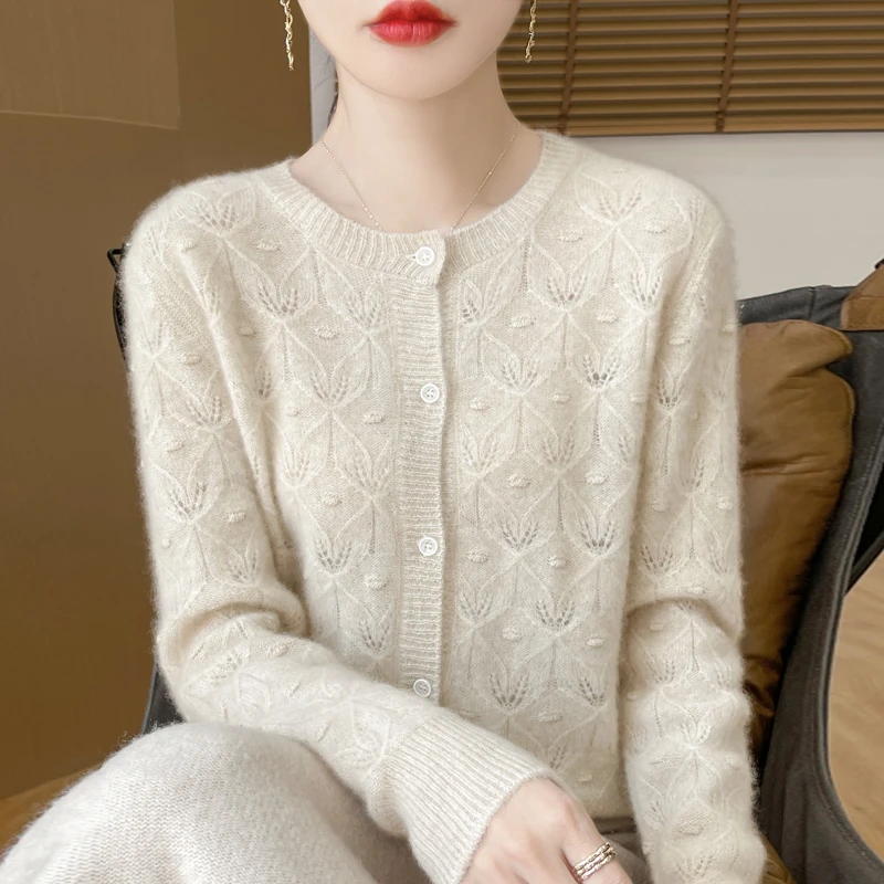 重磅工艺钩花~早秋新款圆领镂空女士宽松法式羊毛针织开衫外套女