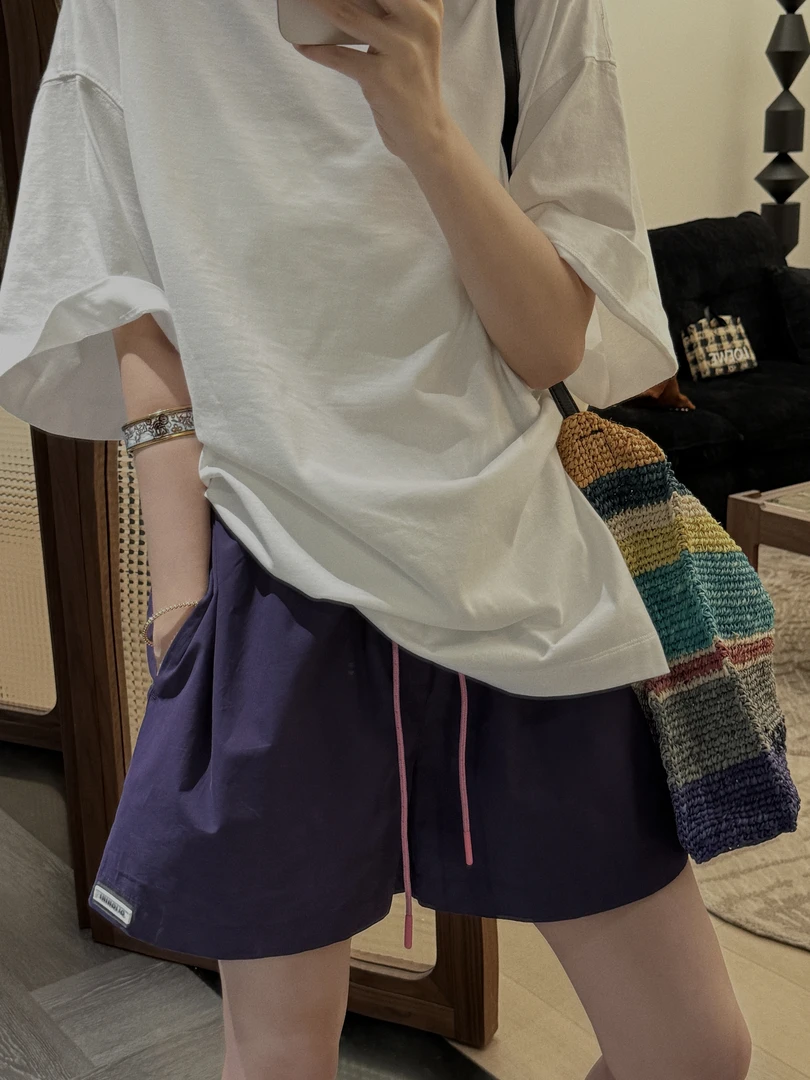 【定染紫】松紧腰抽绳阔腿紫色短裤  J25DK276